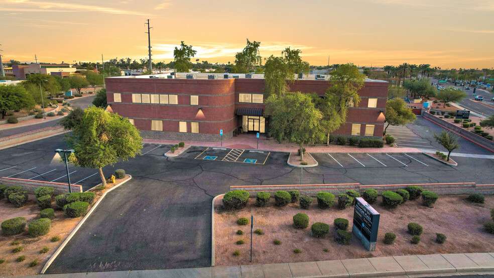 Aerial view of the Kent Law office in Ahwatukee, Phoenix, with the street monument sign at the parking lot entrance