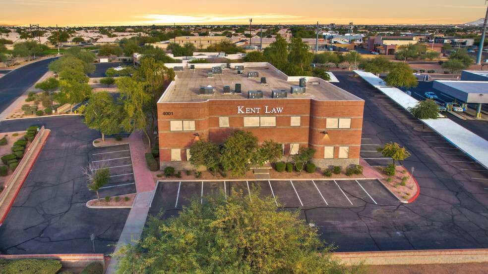 Aerial view of the Kent Law office at 4001 E. Mountain Sky Ave. in Ahwatukee, Phoenix, with the 4001 address and KENT LAW sign on the building