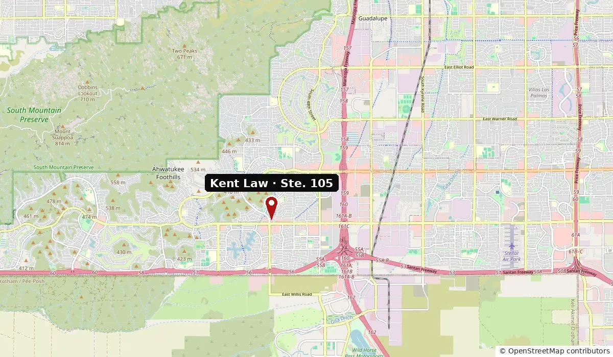 Map of the Kent Law office at 4001 E. Mountain Sky Ave., Ste. 105, near Chandler Blvd. and I-10 in Ahwatukee, Phoenix