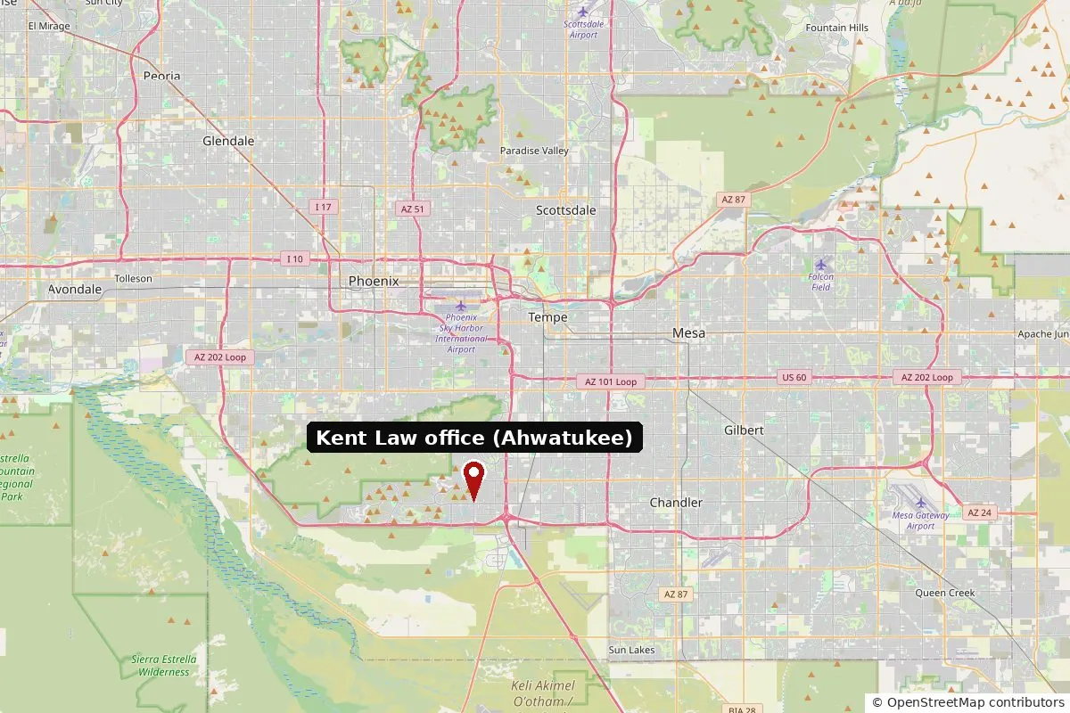 Map of the Phoenix area showing the one Kent Law office in Ahwatukee, with Tempe, Chandler, Gilbert, Mesa and Glendale nearby